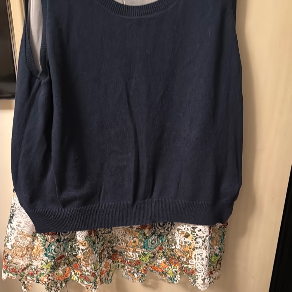 Brand new Navy Sleeveless Beautiful sweater with floral multicolored lace